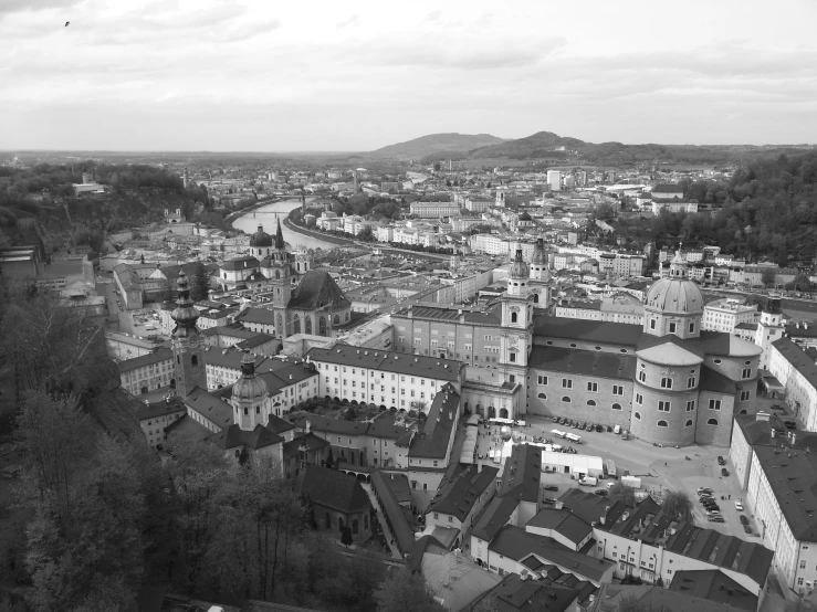 an aerial view of several buildings in the distance