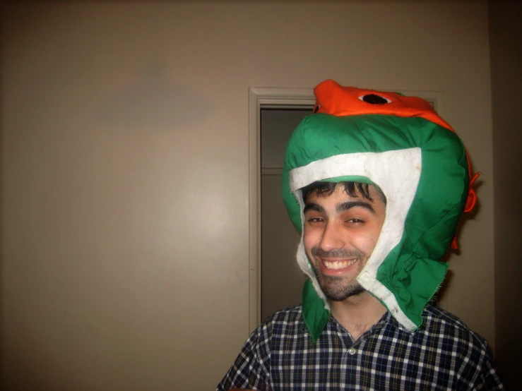 a man wearing a green frog hat with a red nose