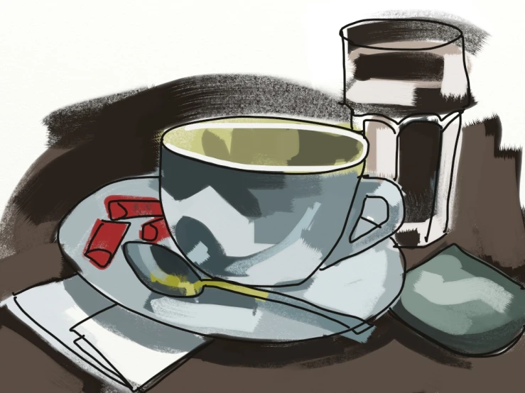 a drawing of a cup with spoon and saucer