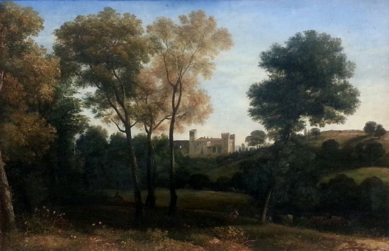an oil painting of a castle with trees on the shore