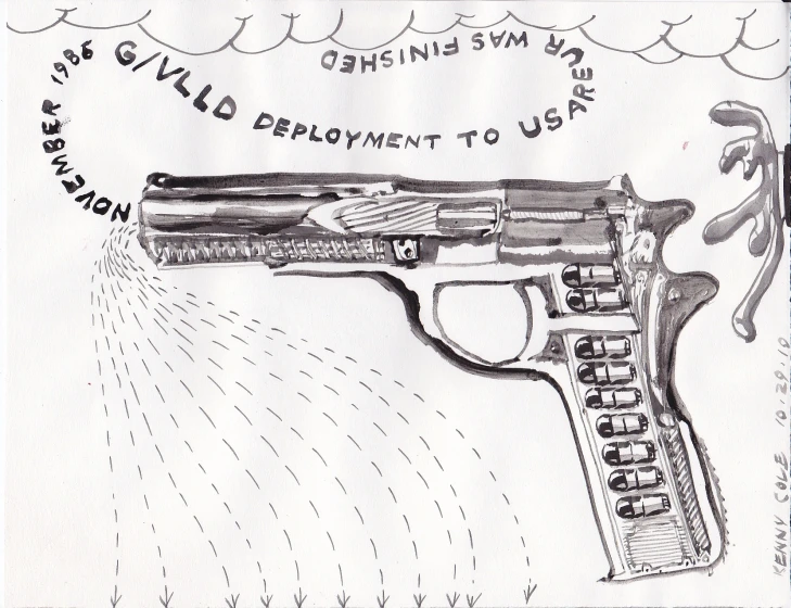 the drawing has a gun and the words, guns is written on it