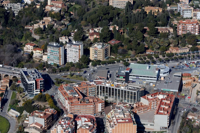 an aerial view of the buildings on the hills