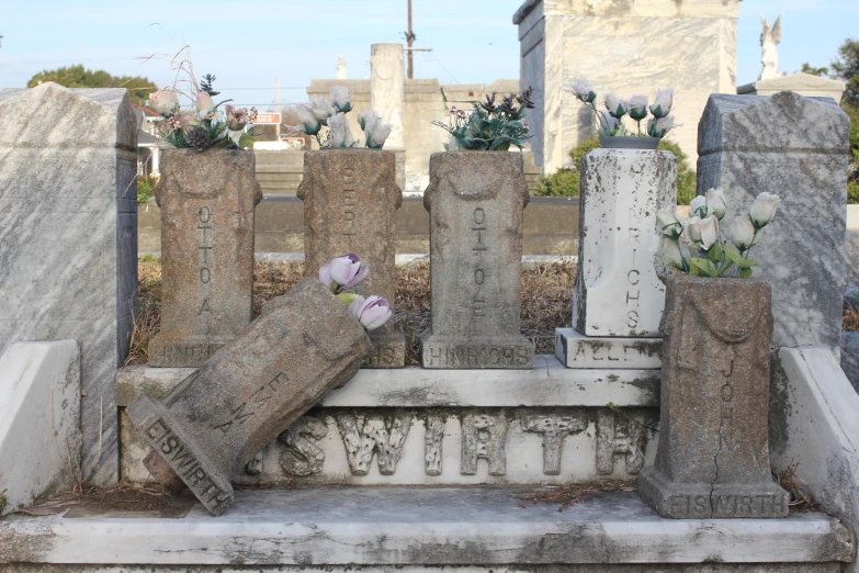 several headstones with flowers, wrapped in linen, and cement