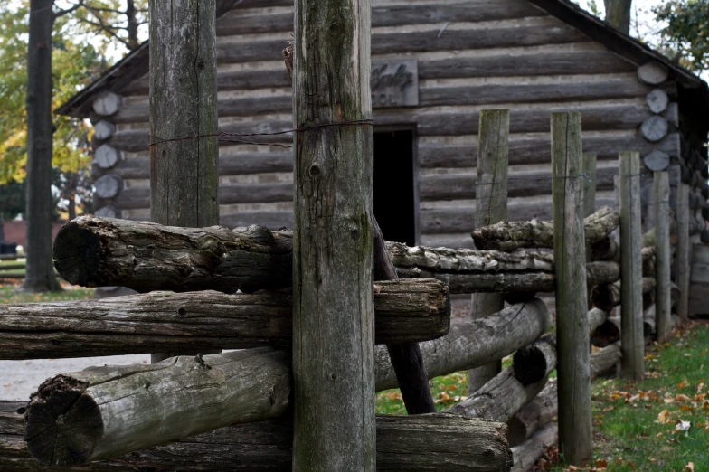 a split wooden fence near a cabin in the woods