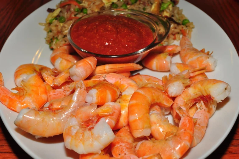the plate contains several shrimp and a side of salad