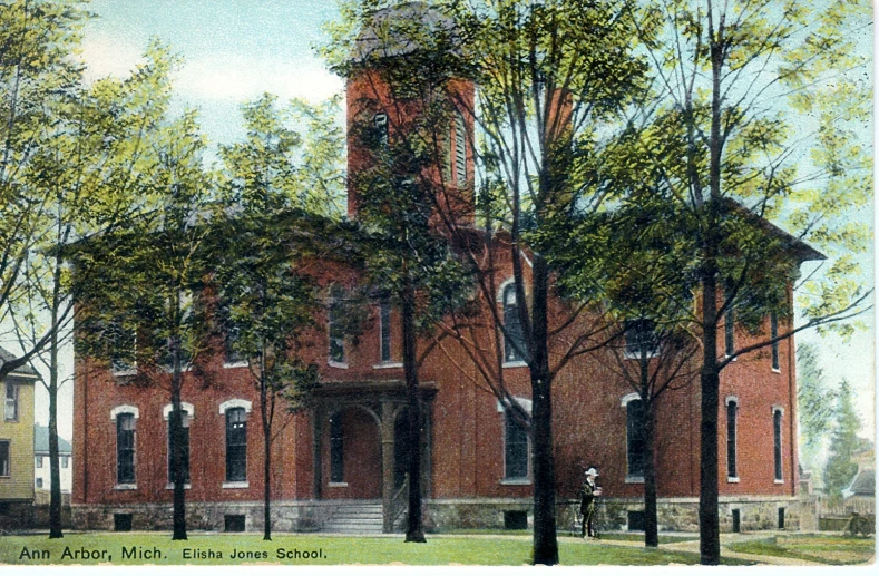 a painting of an old school with tall trees