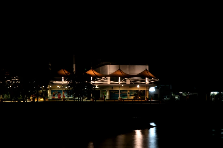 the night view of a building lit up with lamps and dark water