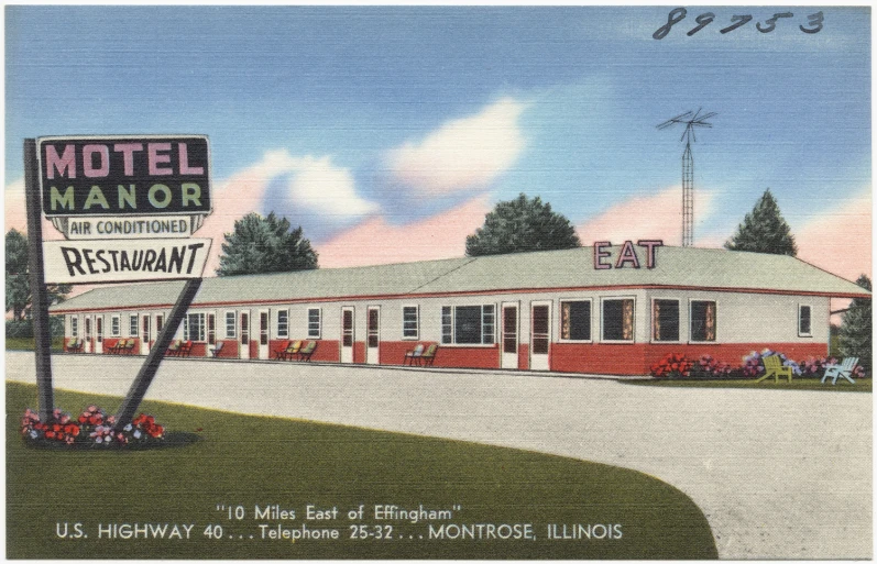 a colorful picture of a motel sign that has red trim