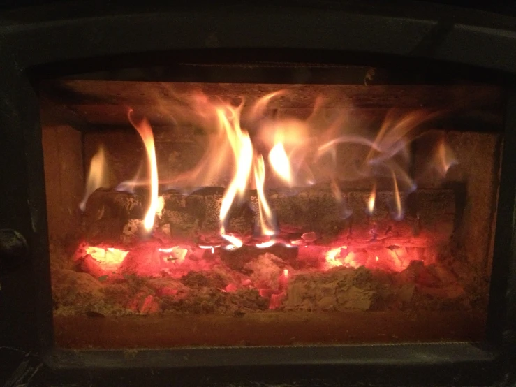 a fire burning in an open wood stove