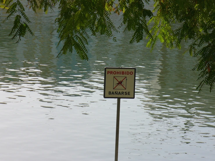 the sign is posted in front of a pond