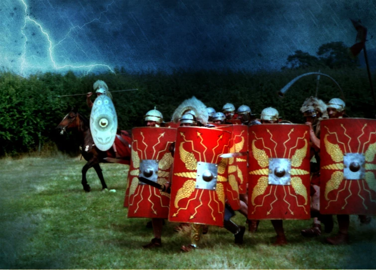 a group of knights in red and white uniforms