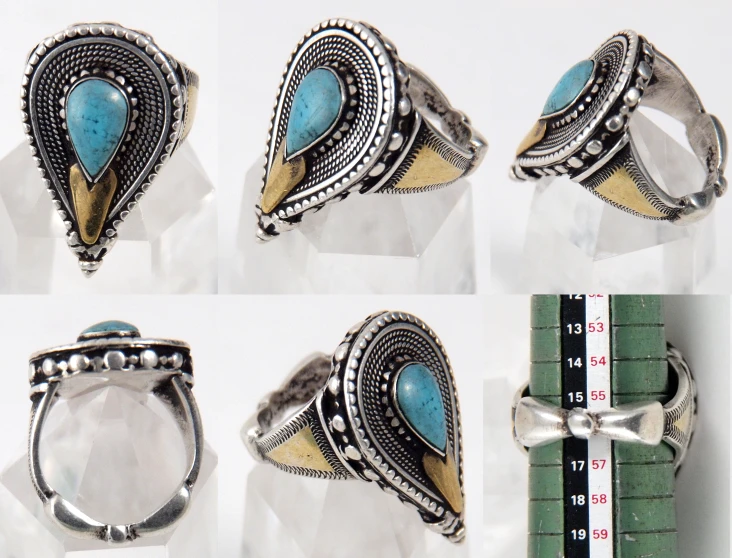 three pictures show what ring size is and one ring has blue turquoise stone