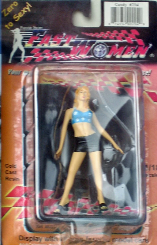 an action figure in a box with a woman on it
