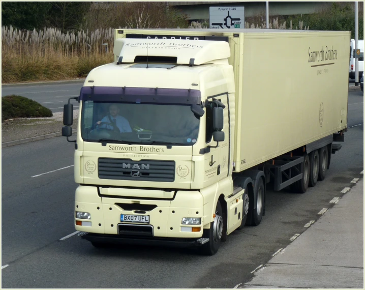 a semi truck traveling down a street next to tall grass