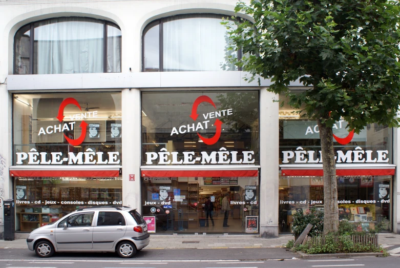 an exterior view of a retail building showing the window with red circles