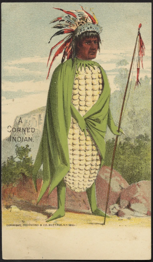 a colored drawing of a man dressed in a corncob suit