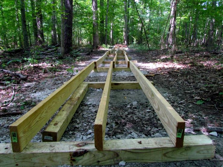 a line of wooden benches that are in the middle of a forest