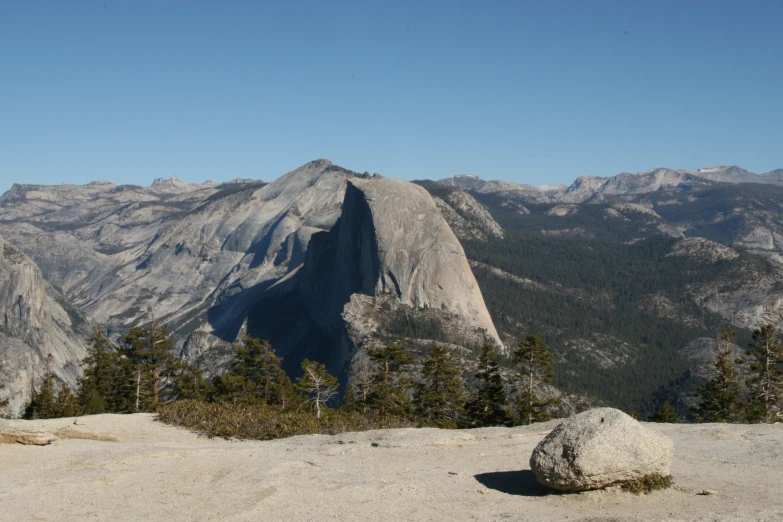 a rocky landscape on top of a mountain with pine trees