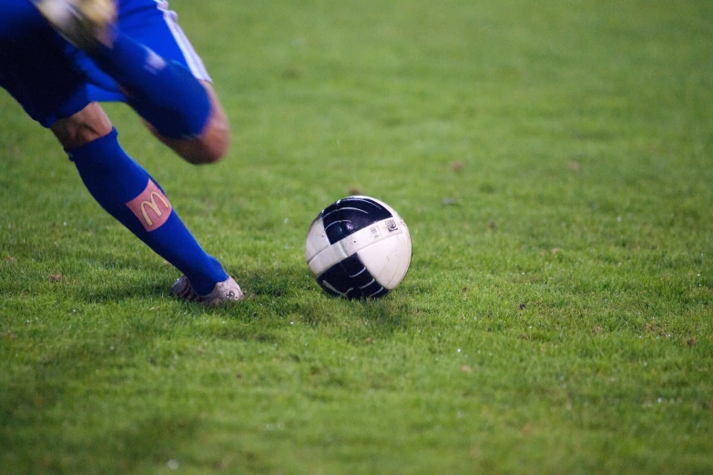 a soccer ball sits in the grass on a soccer field