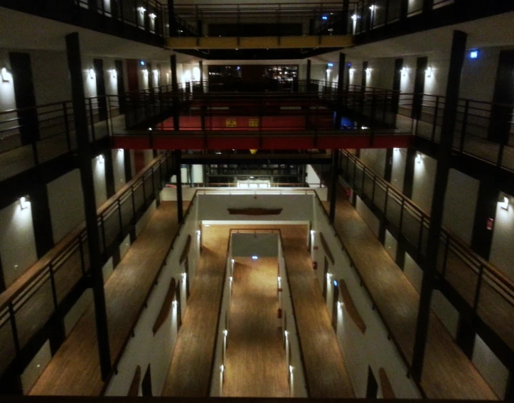 looking down from inside of the building at the second floor