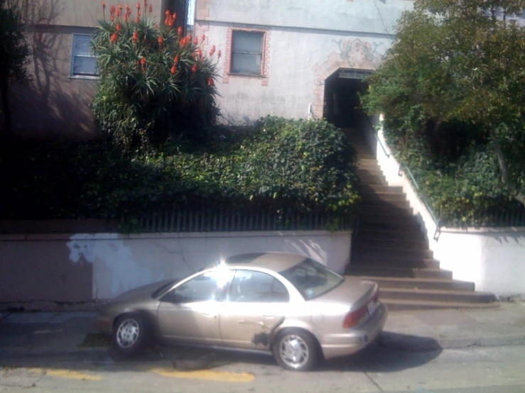 a car parked in front of a building with bushes growing on the wall