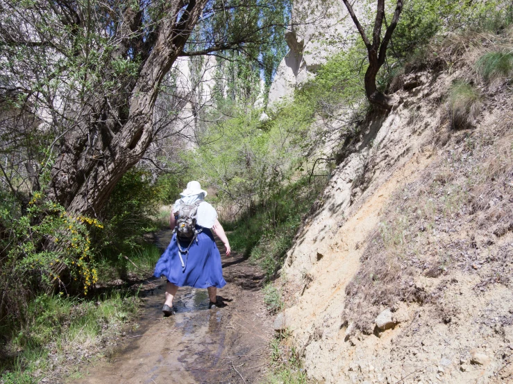 a man carrying a child walking down a path on a hill