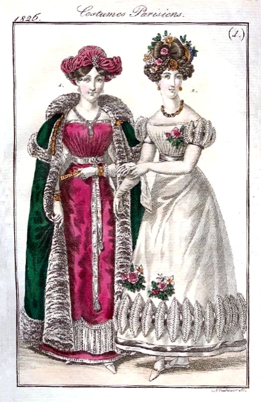 two ladies are standing in formal dress