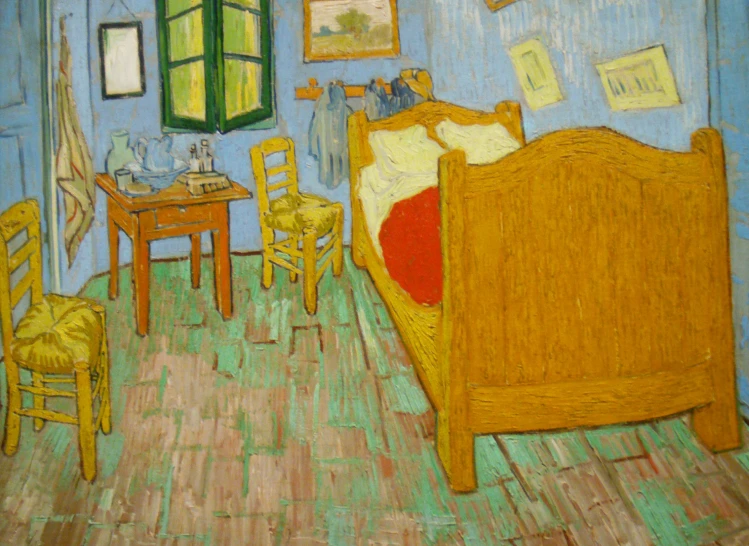 a bedroom scene with a painting of a bed and table