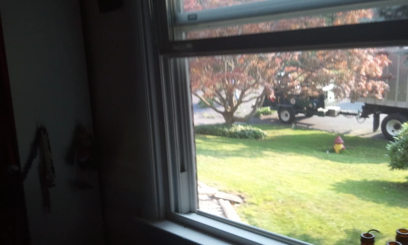 a window overlooking the grass with a black truck on it