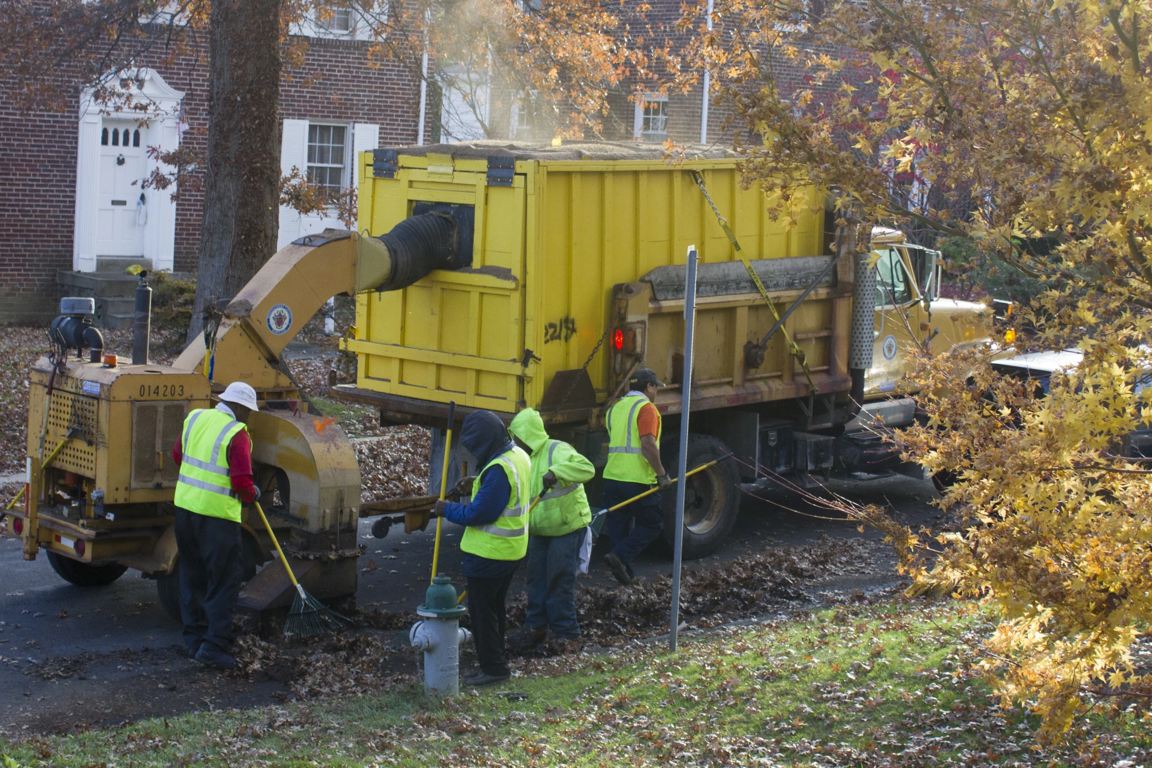 some workers are washing the plants in front of a yellow truck