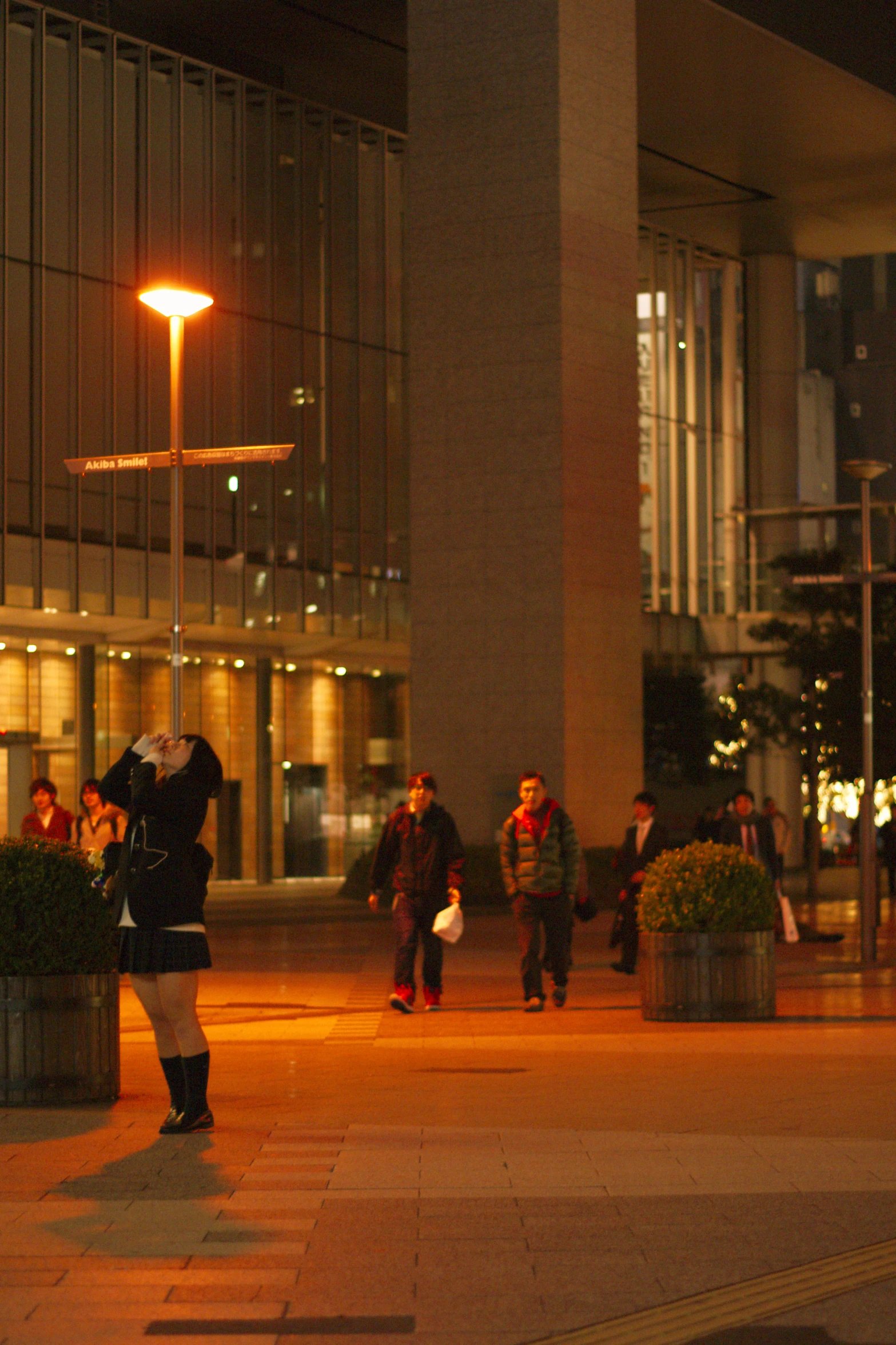 people walking on sidewalk near light posts at night