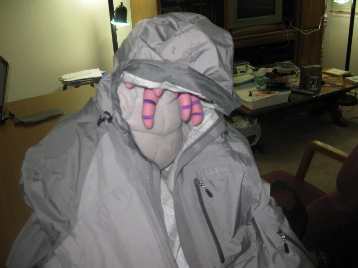 a person wearing a grey jacket with pink feet