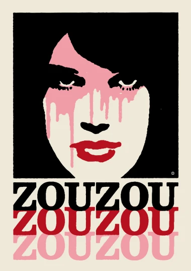 a red poster with the word,'youzooou'on it