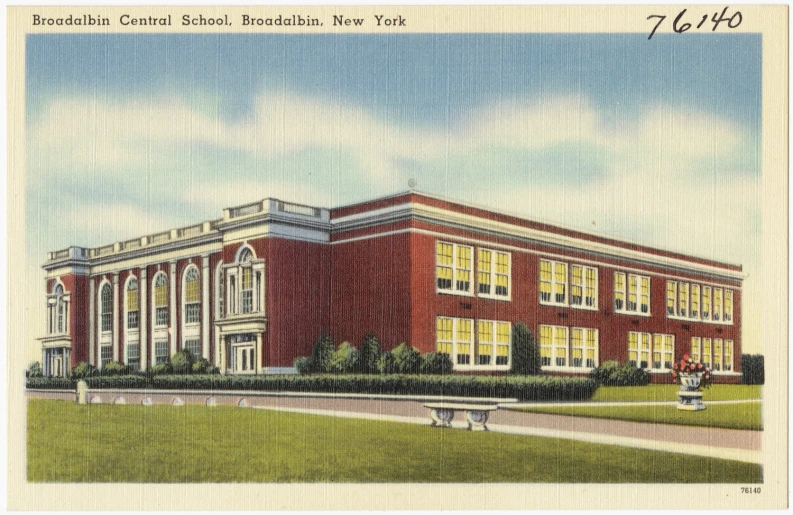 a drawing of a red brick building with tall columns