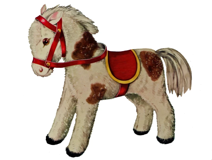 a stuffed toy horse in harness and red collar