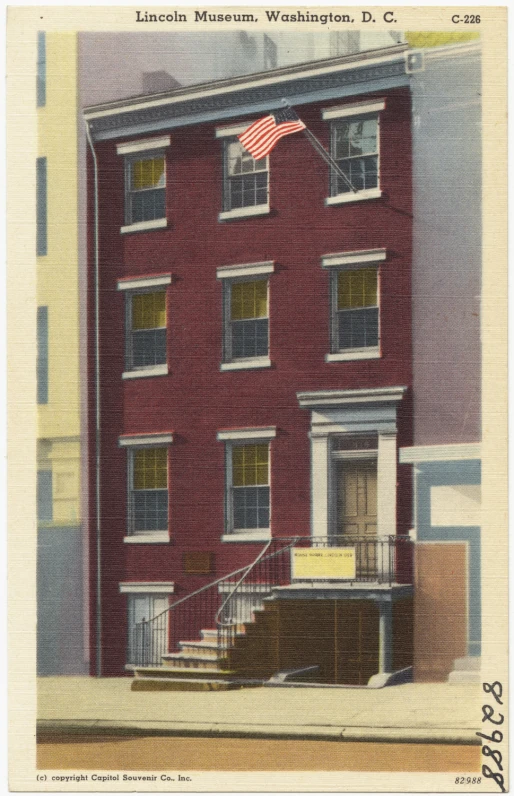 a postcard image of lincoln museum, washington dc, shows a large red brick building with a american flag flying from its window