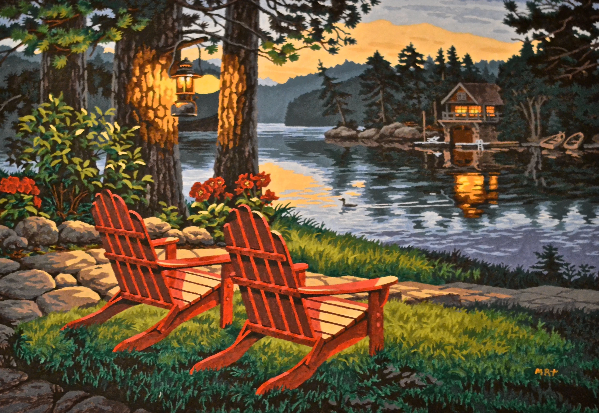 a painting of two wooden chairs sitting by a lake