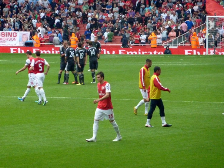 a group of men standing on top of a soccer field