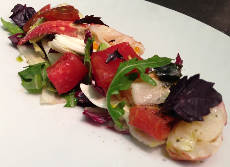 a white plate holding a salad and meat