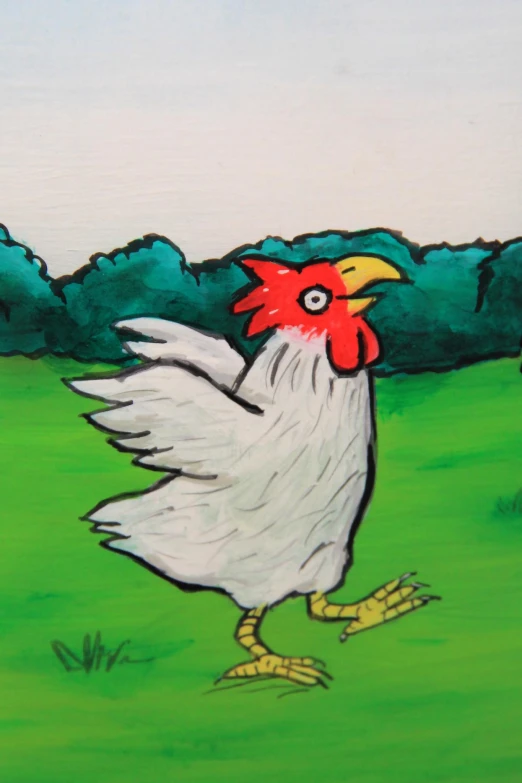 a painting of a rooster on a field