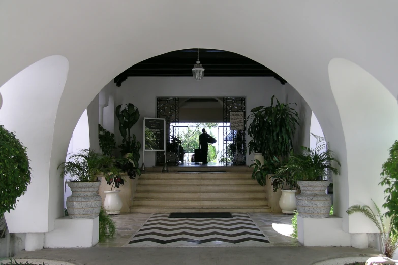 an outdoor lobby with stairs and potted plants on either side