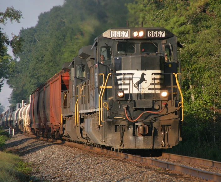 the train is moving along its track near some trees