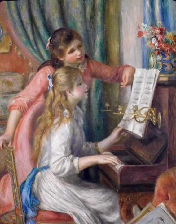 painting of two girls sitting at a piano