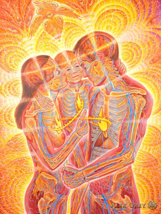 a painting of three different people hugging