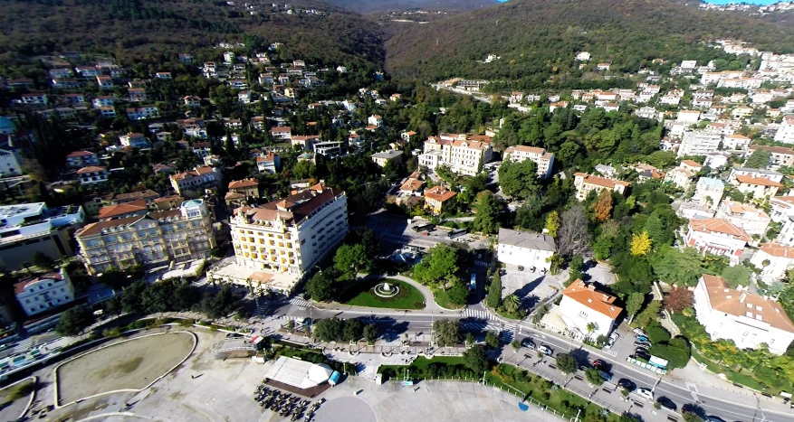 an aerial s of a large city with many trees