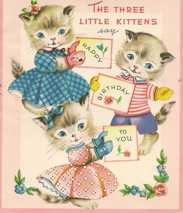 three kittens with two little kittens on a card