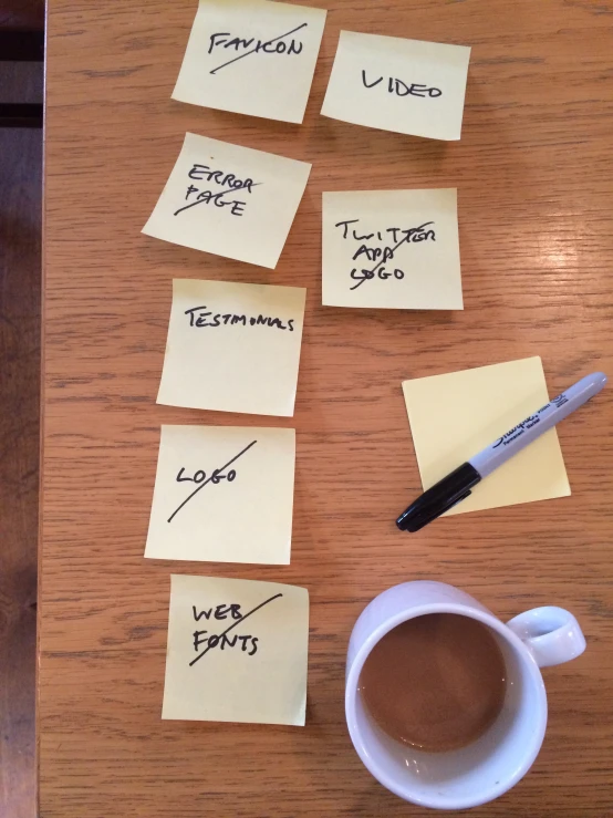post it notes on a table with a cup of coffee