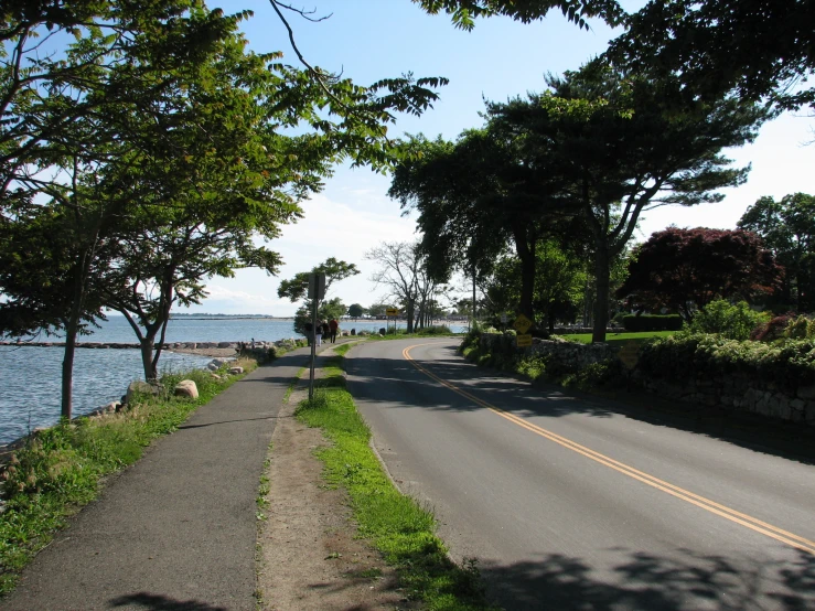 the view of a body of water, trees, and a sidewalk