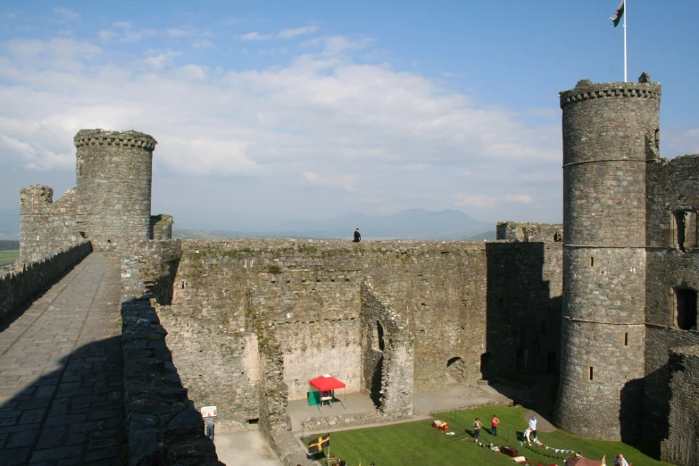 people are outside on a sunny day at the castle