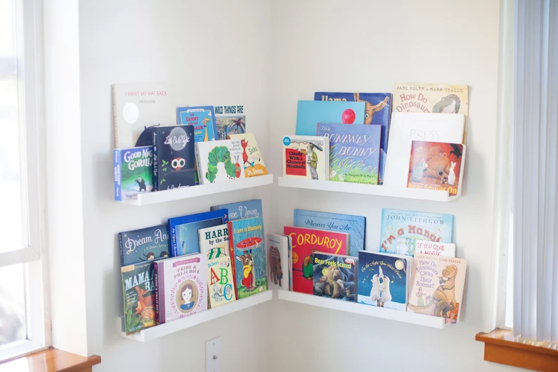 books on the wall by the window and books in the window